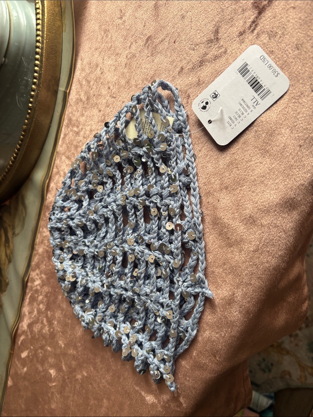 Free People Light Blue Sequin Crochet Hair Scarf